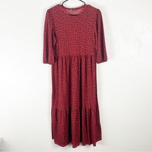 ZARA Red Black Dainty Floral Long Sleeves Tiered Maxi Dress Small Boho Country